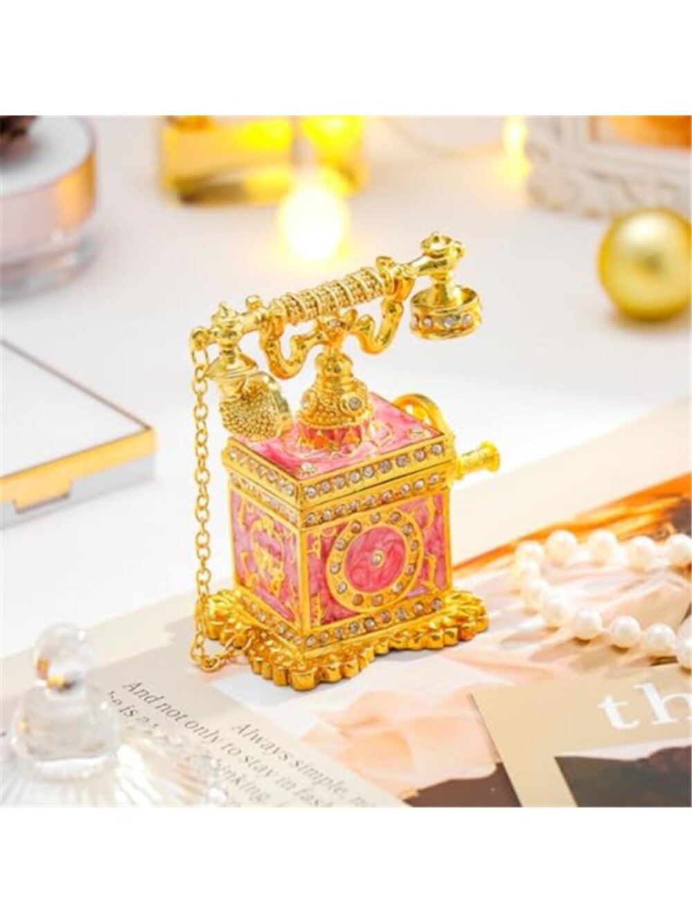 Elegant Pink Telephone Shaped Enameled Trinket Box Hinge, Unique Jewelry Storage